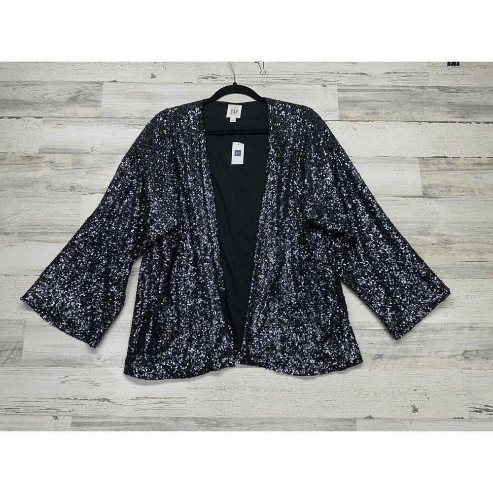 Gap Women's Large Jacket Black Sequin Open Front Cardigan NWT Orig $138 Glam NYE